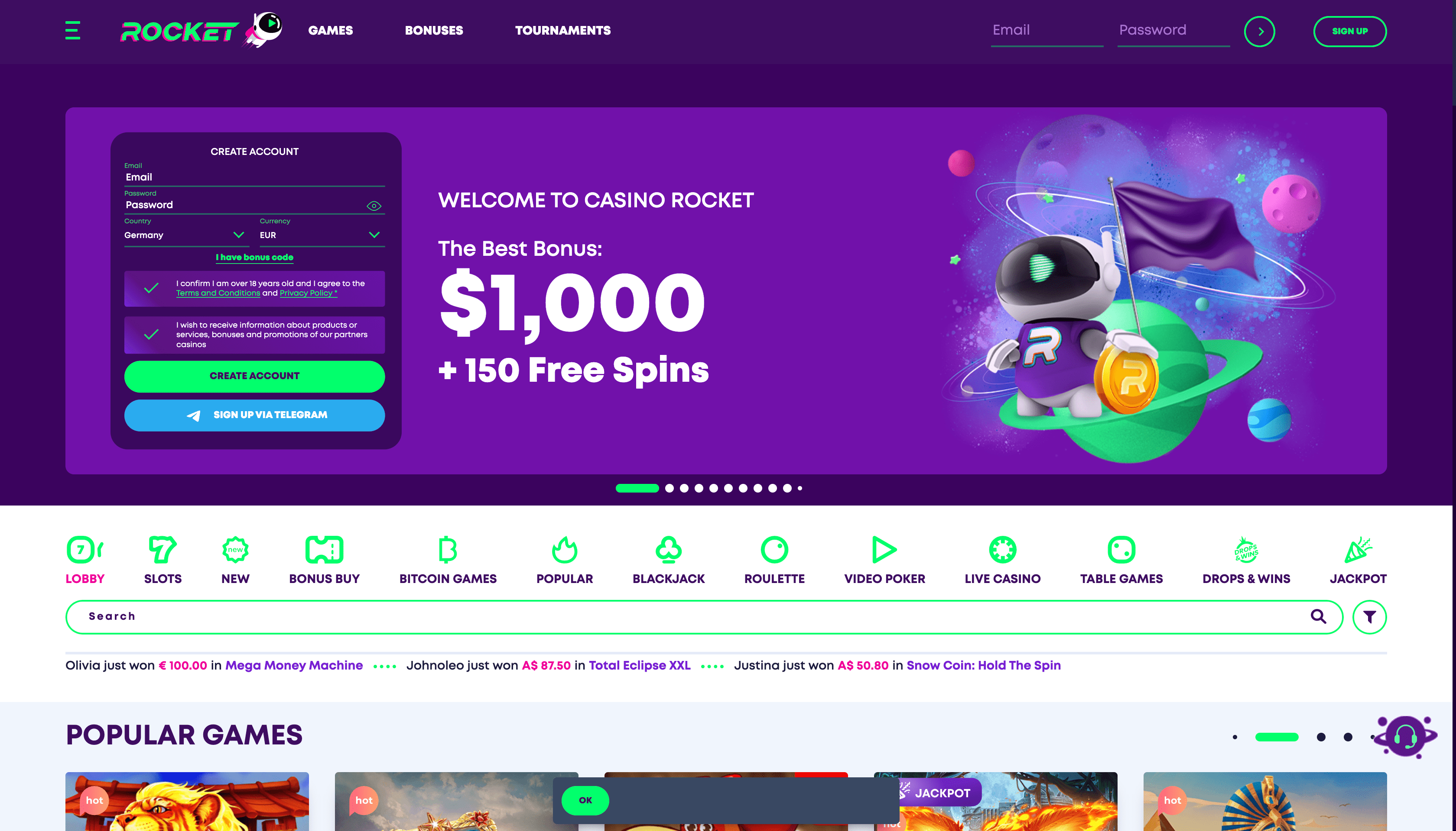 Casino Rocket Hjemmeside